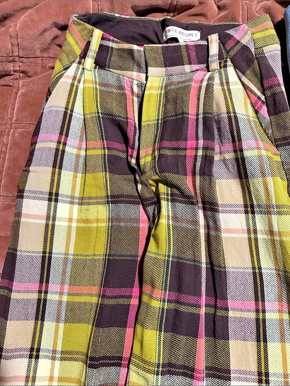 Free People Plaid Wide Leg Pants in Green & Pink Size Small Like New